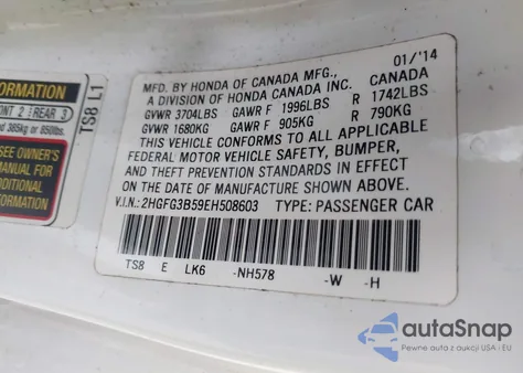 2014 Honda Civic Lx z USA, uszkodzony, nr VIN 2HGFG3B59EH508603